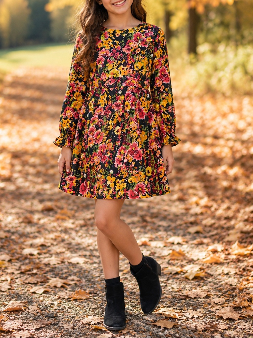 Zara Girls Floral Fall Dress Size 11/12 152 Autumn Cottagecore Long Sleeve